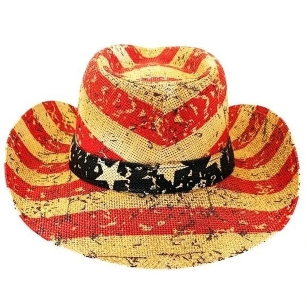 Tea Stained Vintage Paper Straw American Flag Fashion‎ Cowboy Hat NWT